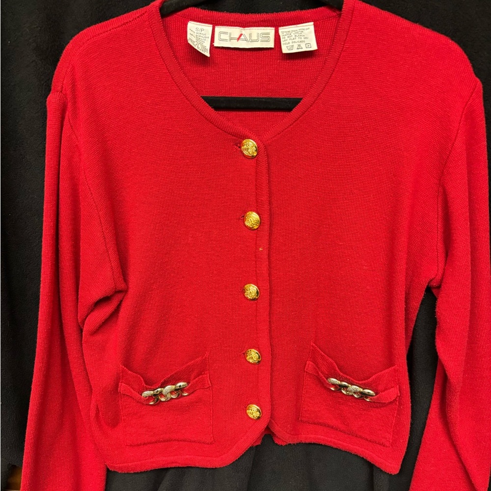 VNT Chaus Vibrant Red Cardigan with Gold Buttons